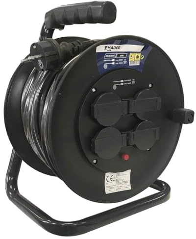 Enrollador extensible de cable 25m, 4T con tapas, 3x1,5mm, 3600W; ideal para uso doméstico y herramientas eléctricas.