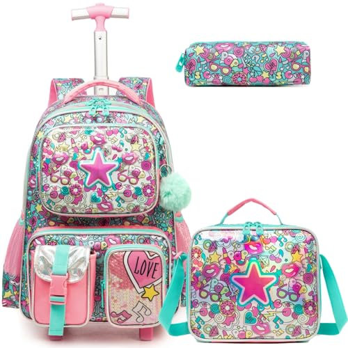 Egchescebo Zaino con Rotelle per Ragazze Carrello Porta Trolley Scuola Primaria Astuccio Bambina Multifunzionale di Stella Ruote Lunch Box 17” 3PCS Borsa da Scuola a Rullo Ragazza Bambini Rosa