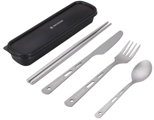 MAXCOOK Titan Utility-Besteck Set für Camping & Outdoor, Ultraleichtes 4-in-1 Titanium Essbesteck, Spülmaschinenfest, Wiederverwendbares Reisebesteck für Trekking, Picknick & Bushcraft (5 Teile)