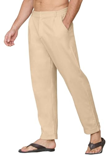 Yutdeng Pantalones Lino Hombre Verano Pantalon Largo Pantalón Lino Algodón Ligeros con Bolsillos Cintura Elástica Pantalon Vestir Casual Anchos Pantalones de Verano Hombre Regular Fit,Beige,L
