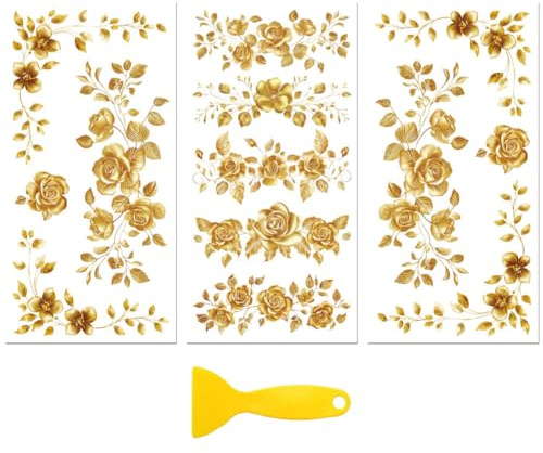 Peacoblue UV DTF Möbel Transferfolie,Goldene Spitze mit Ecke Dekorfolie | 3er Set UV DTF Transfersticker 15x30cm, Wasserfeste Dekorfolie für Möbel, Schubladen, Holz, Glas und Keramik