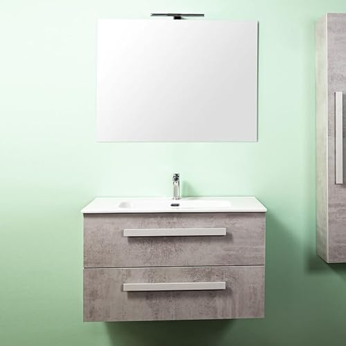 Yellowshop | Mobile Bagno Sospeso 90 cm LIRIO Cemento Chiaro – 2 Cassetti Soft Close, Lavabo Ceramica, Specchio con Applique LED – Design Moderno e Salvaspazio (Composizione Completa)