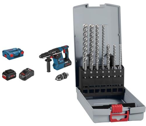 Bosch Professional 18V System Akku Bohrhammer GBH 18V-26 F (inkl. 2x 5.5Ah ProCORE18V Akku, Ladegerät) + 7x PRO SDS plus-5X Hammerbohrer-Set (für Beton, Kalk- und Sandsteine, Ø 5-12 mm)