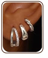 CASSIECA 3 par örhängen dam guld/silver örhängen allergivänliga brosk Tragus Helix piercing öron örhängen, 10 mm, 10 mm, 12 mm, Silverpläterad, Zirkoniumoxid