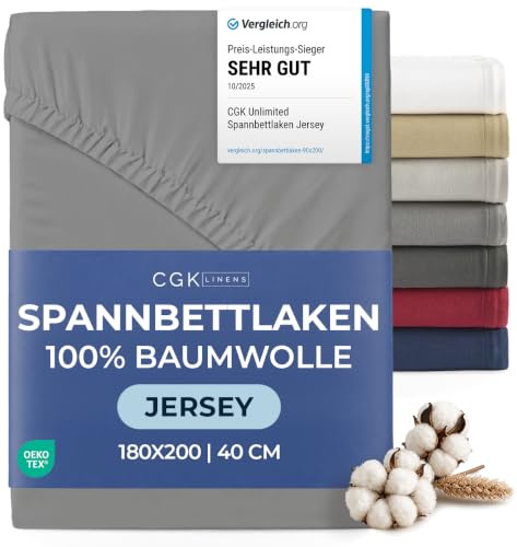 Spannbettlaken Jersey 180x200 - Baumwolle Boxspringbett 40cm - Dunkelgrau | Spannbetttuch, Rundumgummi, Dehnbar, Weich, Atmungsaktiv, Knitterfrei, Pflegeleicht, Baumwoll-Jersey, Bis 40cm, OEKO-TEX