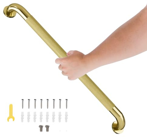 Dusch-Haltegriff, 81,3 cm, gebürstetes Gold, Badezimmer-Haltegriff mit rutschfestem gerändeltem Griff, Edelstahl-Bade-Balance-Stange, 3,2 cm Durchmesser, Badewannensicherheitsstange, Unterstützung für