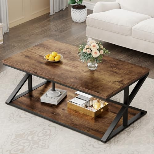 HSH Rustic Coffee Table, Farmhouse Coffee Tables for Living Room, Rectangle Wooden Center Tables with Storage, Industrial Vintage Wood Cocktail Tea Table, Rustic Brown, 120 cm