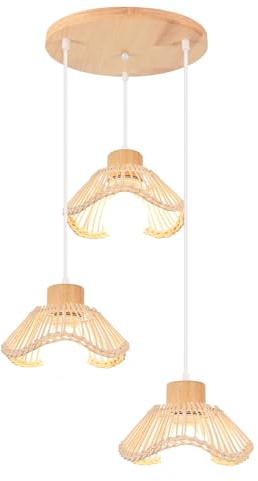 LIGKIN 3 Lampes Suspension Luminaire en Bambou Tressée à la Main, Lustre Vintage Abat-jour en Rotin E27 Lampe suspendue Boho Eclairage de Plafond Bois pour Salon Chambre Restaurant