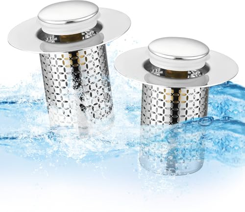 2 Pezzi Tappo Lavandino Bagno, Tappo di Scarico Pop Up, Filtro Lavandino Universale, 304 Acciaio Inox, per Vasca da Bagno, Cucina, Lavabo,Bacino(Apertura Foro di Scarico 34-40 MM) (Versione breve)