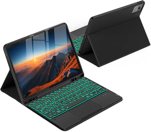 CACOE Cover con Tastiera per Lenovo Idea Tab 11 Pollici Tablet 2025 (TB-336ZU TB-336FU) con Touchpad, Custodia con Portapenne Tastiera Wireless Staccabile con Illuminazione a 7 Colori, Nero