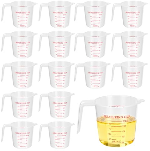 YKUKIZEE 16 PCS 250 ML Plastic Measuring Jug with Handle & Scale, Clear | Reusable, Stackable, Kitchen Mixing Jug, Liquid Graduated Beaker, for Cooking, Baking, Sugar, Milk, Oil, Laboratory