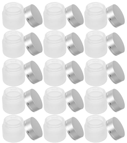 LALADEFIEE 15 Pots en Verre Mat 10 G avec Couvercles Argentés – Contenants Cosmétiques Vides Rechargeables – Petits Pots Ronds pour Crèmes Lotions et Échantillons – Voyage et Soins Visage