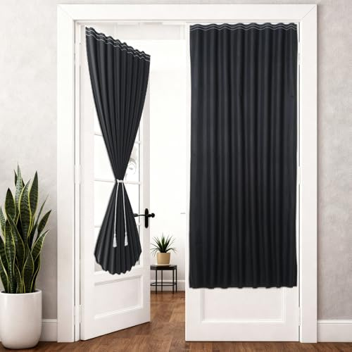 CrystalSylara 2 Panel Magic Tape Stick on Curtains Blackout Curtain Temporary Blind with Tieback No Drill Adhesive Curtain for French Door Sliding Door Window Thermal Insulated Privacy(40 W X 69 L)