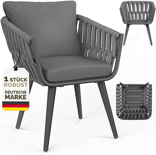 tillvex® Gartenstuhl 1 Stück Wetterfest mit Armlehne & Kissen bis 160kg | Gartenstühle UV-beständig | Terrassenstuhl + Sitz- & Rückenpolster | Outdoor Stühle Sessel Gartenmöbel Terrasse Balkon Garten