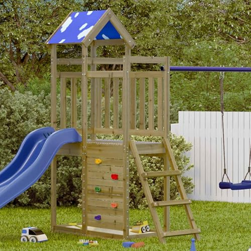 Kaloriko Spielturm aus massivem imprägniertem Holz Braun mit Rutsche Schaukel Klettern für Garten draußen Terrasse, Kinder Spielhaus Baumhaus Outdoor Spielzelt Hütte