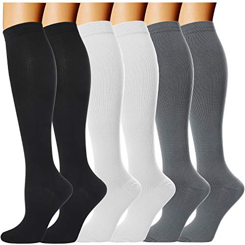 Double Couple 5 Paar breite Waden-Kompressionsstrümpfe für Männer und Frauen, 20–30 mmHg, extra Übergröße, kniehohe Stütze, Schwarz+Weiß+Grau, Small/Medium (6 Pair)