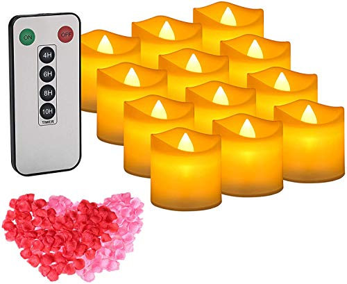 IMAGE LED Teelichter 12 Stück rote Kerzen mit Timer 6 Stunden an 18 Stunden aus flackernde elektrische Teelichter mit 100 Rosenblättern Valentinstagdeko, warmgelb (Gelb)