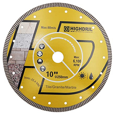 HIGHDRIL Diamond Saw Blade 250MM for Porcelain Tile Ceramic Granite Marble | 250MM Diamond Tile Blade with 25.4MM Arbor, Dry or Wet Cutting Disc for Porcelain Tile Ceramic Granite Marblel Masonry