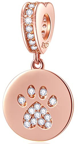 Rose Gold Dog Paw Print Charms fit Pandora Valentines Day Bracelet, 925 Sterling Silver Puppy Pawprint CZ Pendant, Always in My Heart Dangle Beads, Birthday Gift for Wife/Bride/Couple