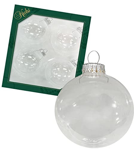 Dekohelden24 Lauschaer Christbaumschmuck - 4er Set Kristall Kugel Uni klar, 8 cm, mit silbernem Krönchen + 50 Schnellaufhänger in Silber