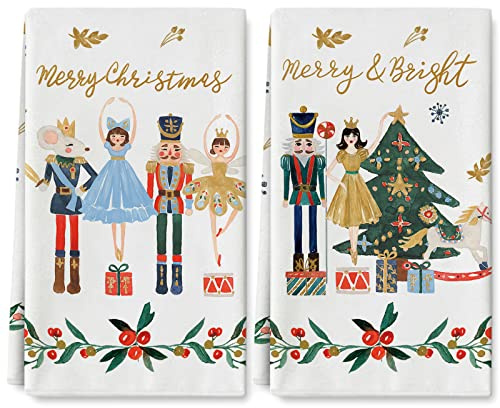 Whaline Merry Christmas Nutcracker Kitchen Dish Towels 18 x 28 Inch Watercolor Xmas Soldier Dish Towel Merry Christmas Hand Drying Tea Towel for Seasonal Cooking Baking, 2 Pack