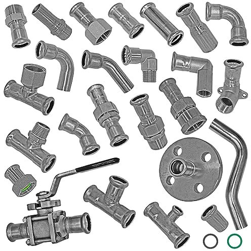 MegaHaustechnik Edelstahl V4A Press Fitting Übergang Winkel mit 1 Zoll Außengewinde i-AG Muffen Anschluss zum Verpressen für Rohr Außendurchmesser 28mm M Kontur Trinkwasser Verbinder VA INOX