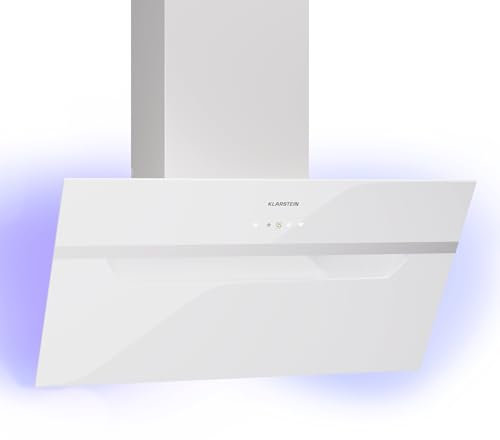 Klarstein BigBite Kopffreihaube - 60 cm Abzugshaube, 417 m³/h Boost, Touch-Bedienung, LED, A+++, Umluft & Abluft, leise, Glasdesign, 3 Stufen, inkl. Aktivkohlefilter, Weiß