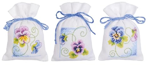 Vervaco Kräutertütchen Kreuzstich Stickpackung Stiefmütterchen 3er Set, Zählmuster, 8x12cm