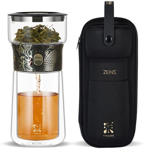 ZENS Cool Glass Teapot with Infuser, Smart One Touch Tea Maker, Loose Tea Infuser Pot with Insulated Cup and Portable Carry Case for Hot Tea Diffusers, Tea Lover Gifts