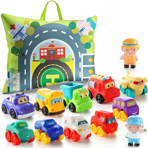 lerrbo Weiches Gummi-Spieleauto für 1-jährige Jungen mit Spielmatte|12 Stück Cartoons-Autos Baby-Spielezeug für 12–18 Monate und Kleinkinder im Alter von 1–2 Jahre