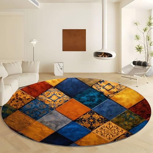 Tapis Rond à Motif Patchwork de Carrelage Vieilli, Tapis de Ultra Fin Diamètre 120 cm, Doux Antidérapant et Lavable, Couleur Style Patchwork pour Chambre Entrée Salle à Manger ou Dortoir Familial