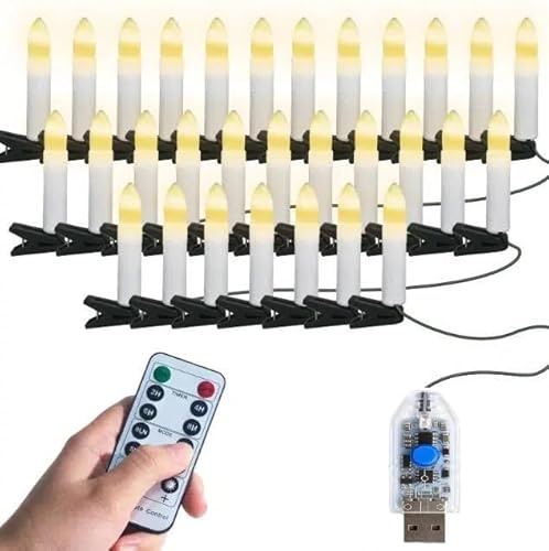 Gresonic Christmas Tree Candle with Clips, 30LED Flameless Flickering Warm White 8 Modes USB Powered Fairy Lights with Remote Control Timer Dimmable for Home Party Indoor Outdoor Xmas Tree Decor