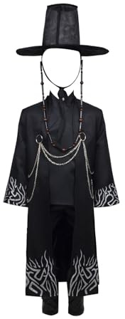 Waslary Saja Cosplay Costume Black Robe Top Pants Set with Accessories Hanbok Korean Traditional Hat Anime Halloween Costumes for Boys Girls