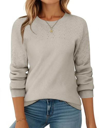 Zeagoo Pullover Damen Pulli Herbst Winter Pullover Rundhals Strickpulli Ribbed Knit Pullover Locker Gestrickte Pulli Beige S