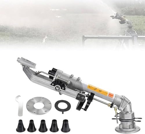 Aspersor de riego agrícola, aspersor automático de 2, cañón de lluvia potente, rotación lenta de 360° con juego de 5 boquillas de repuesto, para eliminación de polvo industrial y riego agrícola.