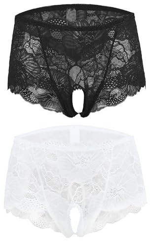 TINAYAUE String Ouverts pour Femmes - 2PCS Slip Culotte Transparente en Dentelle Lingerie sous Robe pour Hot Copine - Grande Taille (Tour de Hanche 100-105cm)
