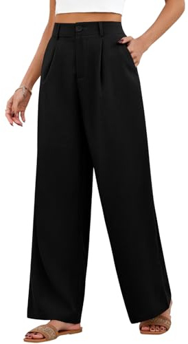 Fashora Pantaloni Donna Estivi Larghi Pantaloni Leggeri Elastico Vita Gamba Larga Pantaloni Lunghi Traspiranti Eleganti Comodi Pantaloni Dritti Bottoni con Tasche (Nero, L)
