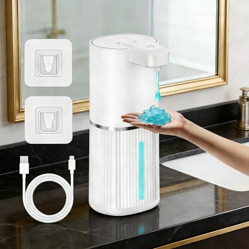 Dispensador Jabon Baño Automatico con 2 Ganchos y Cable USB, 380ML Blanco Dispensador de jabón sin Contacto, Dispensador Jabón Baño, 4 Niveles Ajustables, para Cocina, Baño, Escuelas, Aseo, Familia