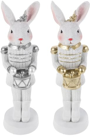 iplusmile Statua di Coniglio Pasquale in Resina Resistente, Set da 2 Statuine di Soldatino Schiaccianoci Tradizionali Oro e Argento, Decorazione Primaverile da Tavolo per Casa e