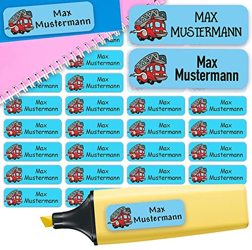 Namensaufkleber Feuerwehr personalisiert wasserfest 60 Stück Schule Kita | Namenssticker mit Wunschname für Brotdose Trinkflasche Stifte Schule Federmappe Kindergarten Schulstart spülmaschinenfest