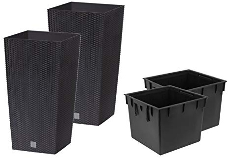 Set of 2 Tall Square Plastic Rattan Indoor/Outdoor Planters Pot + Insert in Set (11.5L, Anthracite)