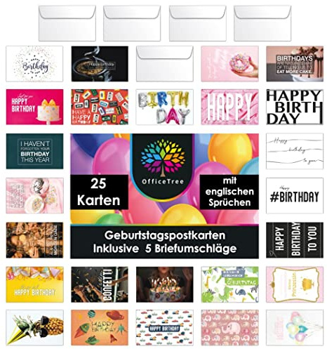 OfficeTree Geburtstagskarten 25 Stück A6 mit 5 Umschlägen englisch | 25 Motivkarten mit englischen Geburtstagssprüchen, Karton 350 g pro Quadratmeter, Rückseite wischfest beschriftbar