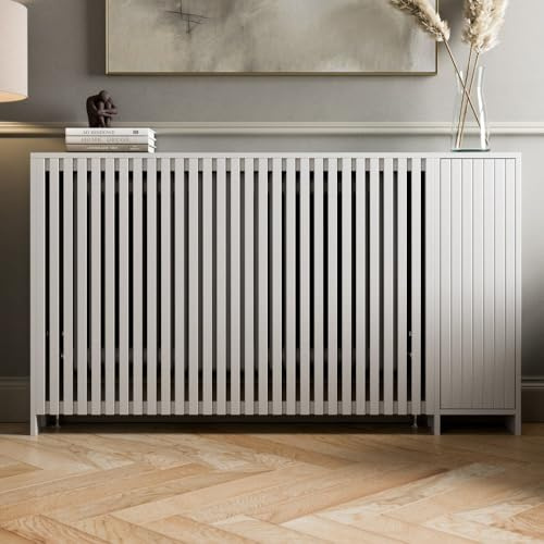 DuraTherm® Sloane Radiator Cover White Modern Vertical Slat Shelves MDF Storage Cabinet Shelf for Radiators, Living Rooms, Bedrooms, Medium (W: 141.5cm / H: 81.5cm / D: 19cm)