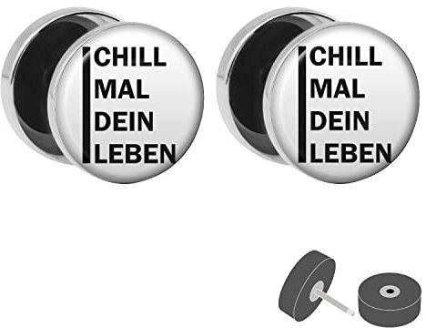 Treuheld® Silberner Fake Plug Chill mal dein Leben - Bild Ohrstecker mit Motiv - für Damen, Herren, Kinder - Anzahl: 1 Paar (2 Stück)