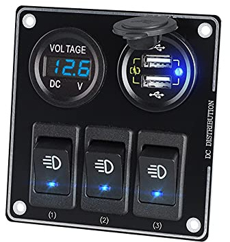 Schalter Panel mit Dual USB Ladegerät, Asudaro 12V-24V Schalter Panel ON-OFF Kippschalter Panel Wasserdichte LED Voltmeter für Auto Marine Boot Wohnmobil Fahrzeuge LKW Schaltkreis Steuerung,Blau