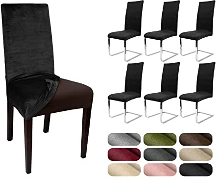 BEAUTEX Stuhlhussen Samt Stretch Stuhl & Schwingstuhl 6er Set Schwarz LEA | 95% Polyester, 5% Elasthan, weiche Velours-Oberfläche, Rundum-Gummizug, 30 °C waschbar, faltenarm, formstabil & langlebig