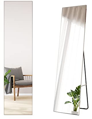 S'AFIELINA Standspiegel 160× 40 × 2 cm HD Groß Ganzkörperspiegel mit Silber Metallrahmen großer Spiegel für Schlafzimmer, Ankleidezimmer, Wohnzimmer (Silber)