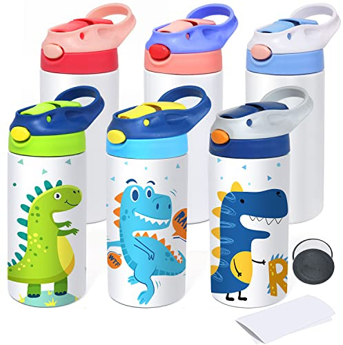 Mocaru Kinder-Sublimationsbecher, 340 ml, Sublimationsflasche für Kinder, mit Ein-Klick-Pop-Up-Strohhalmdeckel und Griff, Edelstahl, isolierte Sublimation, blanko mit Schrumpffolien, 6 Stück