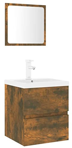vidaXL Bathroom Furniture Set Washroom Washbasin Cabinet Floating Vanity Unit Under Sink Cabinet with Basin and Mirror Smoked Oak Engineered Wood