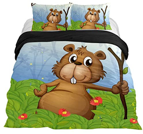 NDXRWDZR Housse de Couette 200x200 cm Adolescent Castor Jaune Parure de Lit 2 Personnes avec Fermeture Éclair Doux Respirant Microfibre Housse de Couette et 2 Taie d'oreiller 65x65 cm